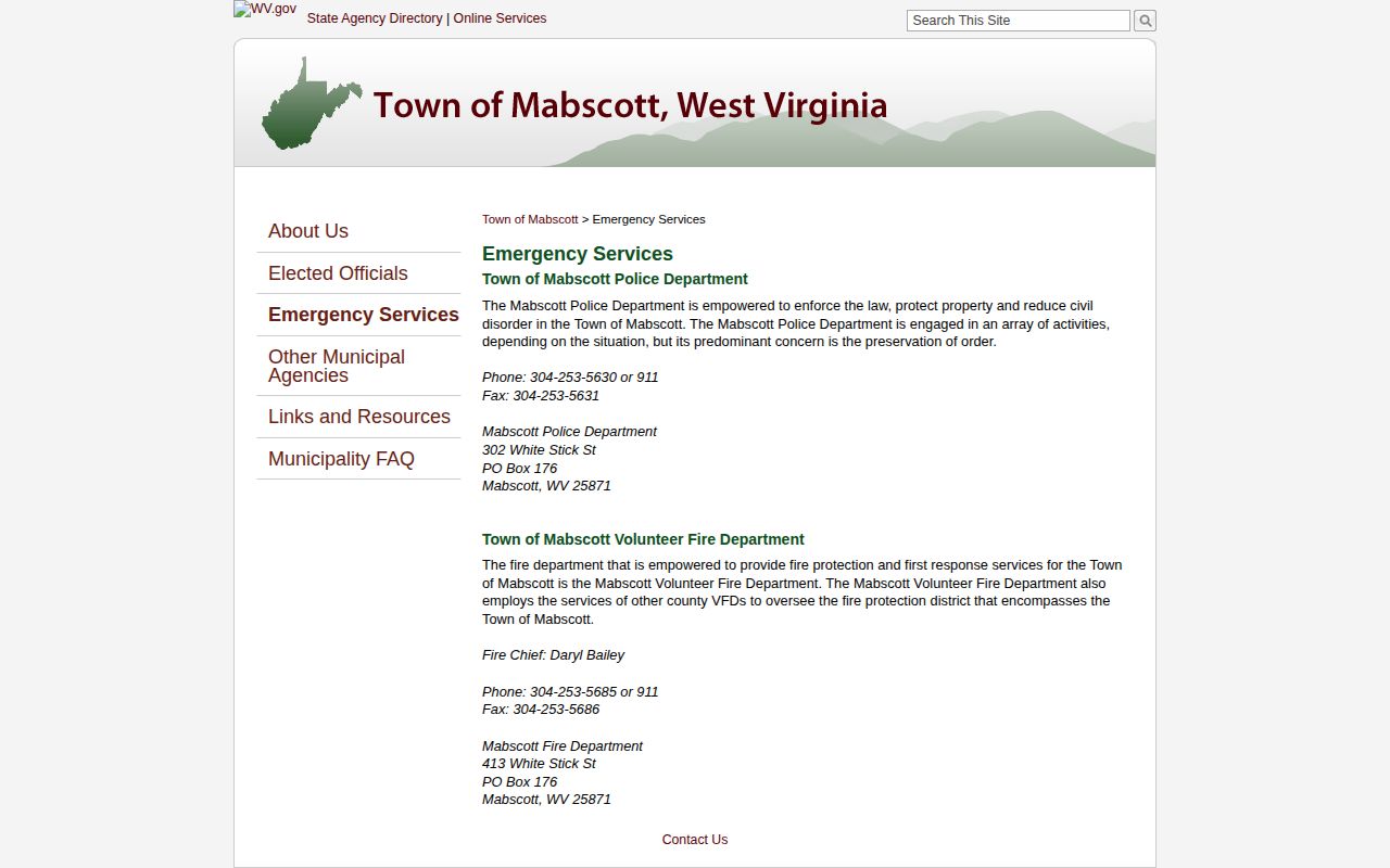Mabscott Police Department official contact source for Raleigh County arrest records