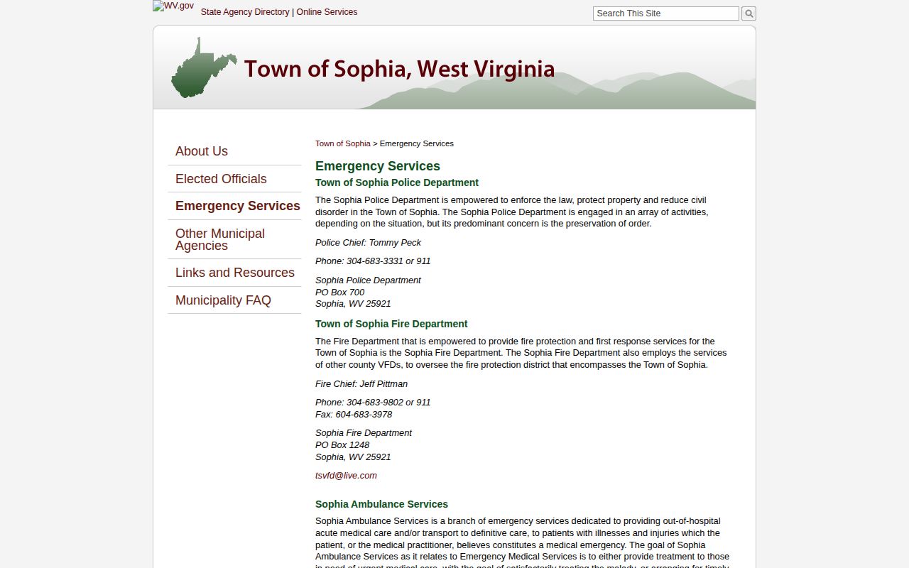 Sophia Police Department official contact source for Raleigh County arrest records